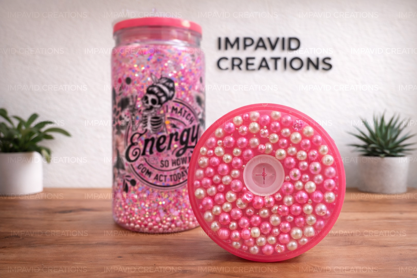 16oz “I Match Energy” Snow Globe Tumbler – Pink Glitter Skeleton Cup