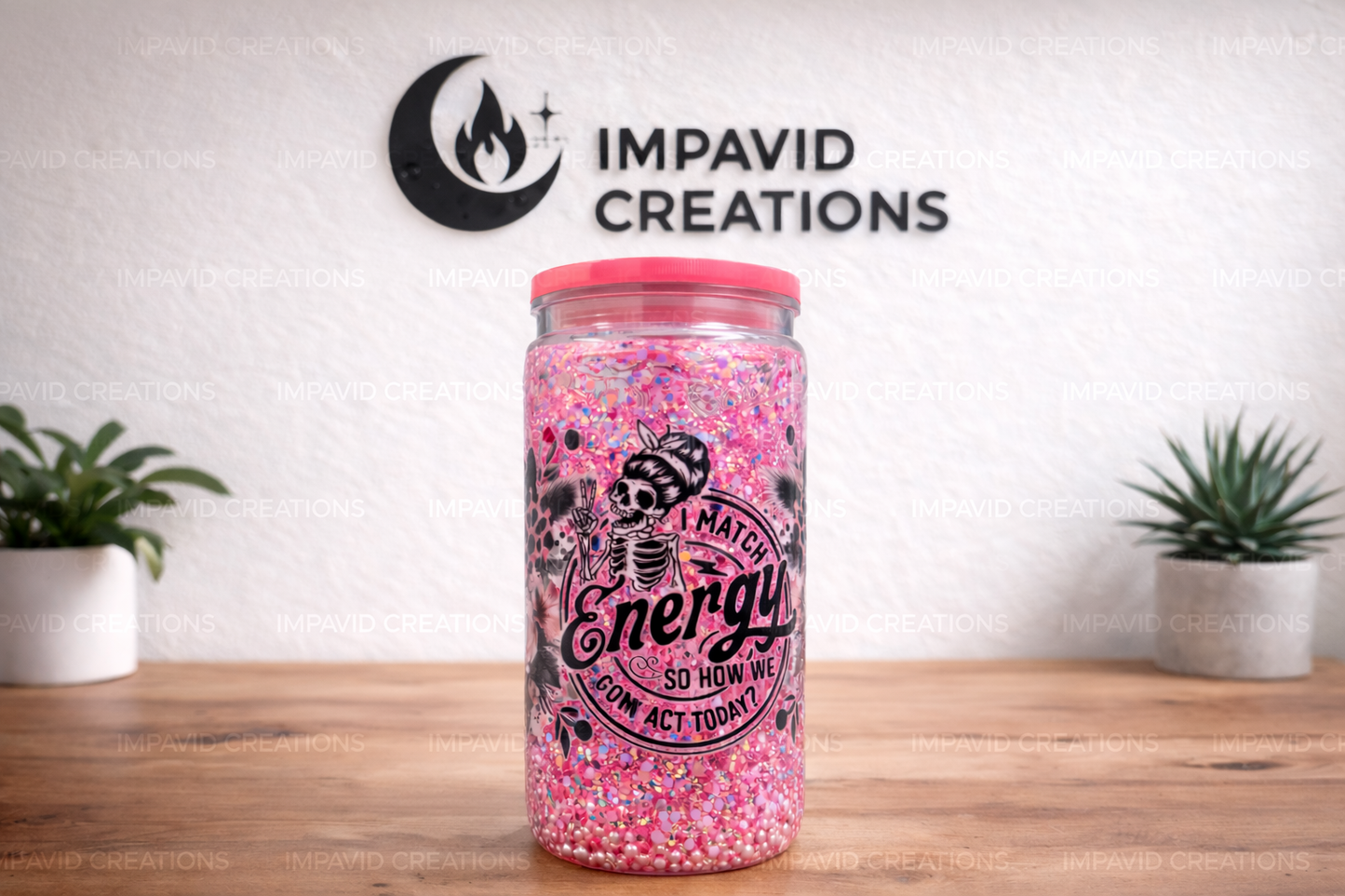 16oz “I Match Energy” Snow Globe Tumbler – Pink Glitter Skeleton Cup
